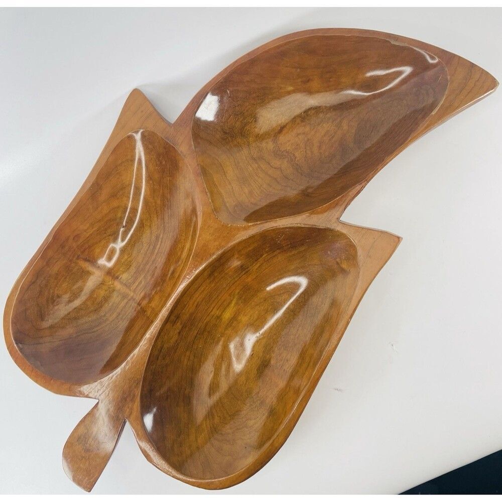 LARGE WOODEN VTG LEAF SHAPE Serving Candy Bowl Tray 3 Sections 18" X 10" MCM